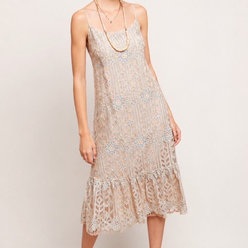 Anthropologie Eri Ali Twilight Lace Midi Dress M Cream Blue Floral Peach Crochet